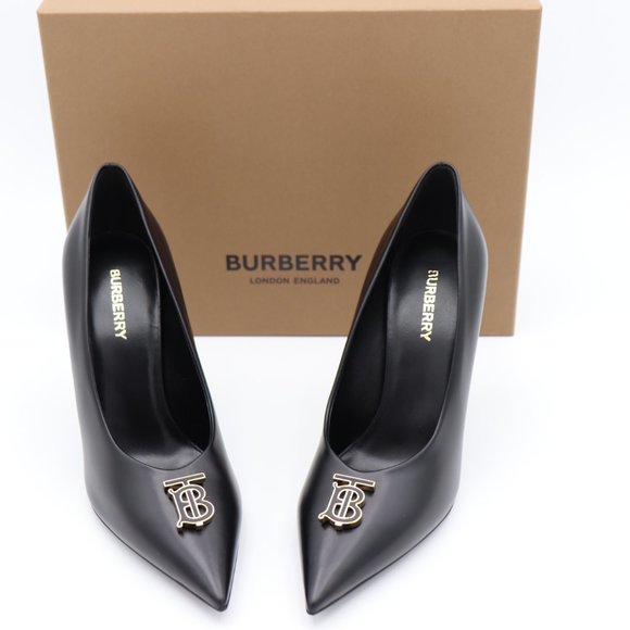 NIB Burberry Ezra Black Leather Monogram Point-Toe Pumps Heels - Picture 9 of 12